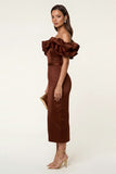 Black Satin Off the Shoulder Sheath Ruffled Evening Dress with Slit