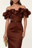 Black Satin Off the Shoulder Sheath Ruffled Evening Dress with Slit