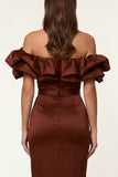 Black Satin Off the Shoulder Sheath Ruffled Evening Dress with Slit