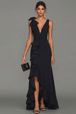 Black Sheath V-Neck Ruffled Long Evening Dress with Slit