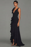 Black Sheath V-Neck Ruffled Long Evening Dress with Slit