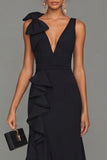Black Sheath V-Neck Ruffled Long Evening Dress with Slit