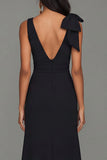 Black Sheath V-Neck Ruffled Long Evening Dress with Slit