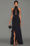 Black Halter Neck Sheath Ruffled Cut Out Long Evening Dress with Slit