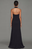 Black Halter Neck Sheath Ruffled Cut Out Long Evening Dress with Slit