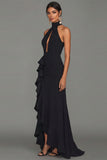 Black Halter Neck Sheath Ruffled Cut Out Long Evening Dress with Slit