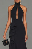 Black Halter Neck Sheath Ruffled Cut Out Long Evening Dress with Slit