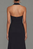 Black Halter Neck Sheath Ruffled Cut Out Long Evening Dress with Slit