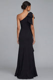 One Shoulder Black Sheath Long Evening Dress with Ruffle Slit