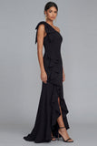 One Shoulder Black Sheath Long Evening Dress with Ruffle Slit