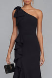 One Shoulder Black Sheath Long Evening Dress with Ruffle Slit