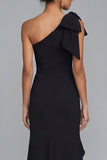 One Shoulder Black Sheath Long Evening Dress with Ruffle Slit