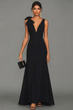 Black A Line V Neck Long Evening Dress with Bow