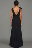 Black A Line V Neck Long Evening Dress with Bow