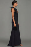 Black A Line V Neck Long Evening Dress with Bow