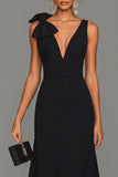 Black A Line V Neck Long Evening Dress with Bow