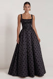 A-Line Black and White Square Neck Satin Long Polka Dots Dress with Bow