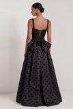 A-Line Black and White Square Neck Satin Long Polka Dots Dress with Bow
