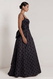 A-Line Black and White Square Neck Satin Long Polka Dots Dress with Bow