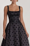 A-Line Black and White Square Neck Satin Long Polka Dots Dress with Bow