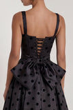 A-Line Black and White Square Neck Satin Long Polka Dots Dress with Bow