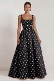 A-Line Black and White Square Neck Satin Long Polka Dots Dress with Bow