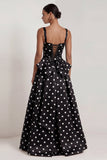 A-Line Black and White Square Neck Satin Long Polka Dots Dress with Bow