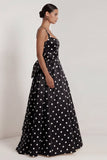 A-Line Black and White Square Neck Satin Long Polka Dots Dress with Bow