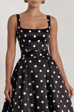A-Line Black and White Square Neck Satin Long Polka Dots Dress with Bow