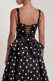 A-Line Black and White Square Neck Satin Long Polka Dots Dress with Bow