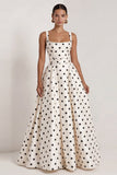 A-Line Black and White Square Neck Satin Long Polka Dots Dress with Bow