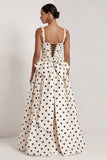 A-Line Black and White Square Neck Satin Long Polka Dots Dress with Bow