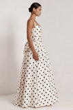 A-Line Black and White Square Neck Satin Long Polka Dots Dress with Bow