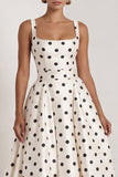 A-Line Black and White Square Neck Satin Long Polka Dots Dress with Bow