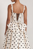A-Line Black and White Square Neck Satin Long Polka Dots Dress with Bow