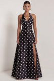 Black and White Halter A-Line Satin Long Polka Dots Dress with Slit