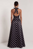 Black and White Halter A-Line Satin Long Polka Dots Dress with Slit