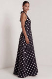 Black and White Halter A-Line Satin Long Polka Dots Dress with Slit