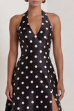 Black and White Halter A-Line Satin Long Polka Dots Dress with Slit
