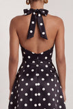 Black and White Halter A-Line Satin Long Polka Dots Dress with Slit