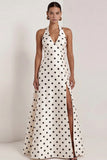 Black and White Halter A-Line Satin Long Polka Dots Dress with Slit