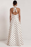 Black and White Halter A-Line Satin Long Polka Dots Dress with Slit