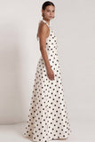 Black and White Halter A-Line Satin Long Polka Dots Dress with Slit