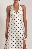 Black and White Halter A-Line Satin Long Polka Dots Dress with Slit