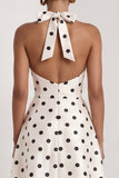 Black and White Halter A-Line Satin Long Polka Dots Dress with Slit