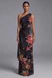 One Shoulder Printed Sheath Ivory Maxi Floral Dress