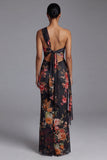 One Shoulder Printed Sheath Ivory Maxi Floral Dress