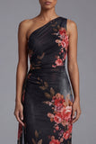 One Shoulder Printed Sheath Ivory Maxi Floral Dress
