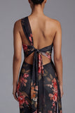 One Shoulder Printed Sheath Ivory Maxi Floral Dress