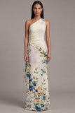 One Shoulder Printed Sheath Ivory Maxi Floral Dress